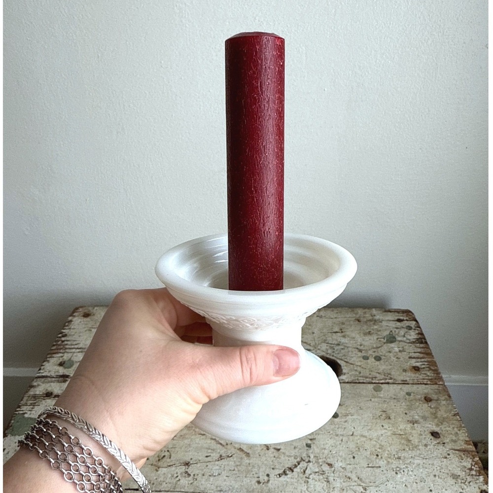 Vintage White Milk Glass Taper‎ Candle Holder Embossed Swirl Floral Base